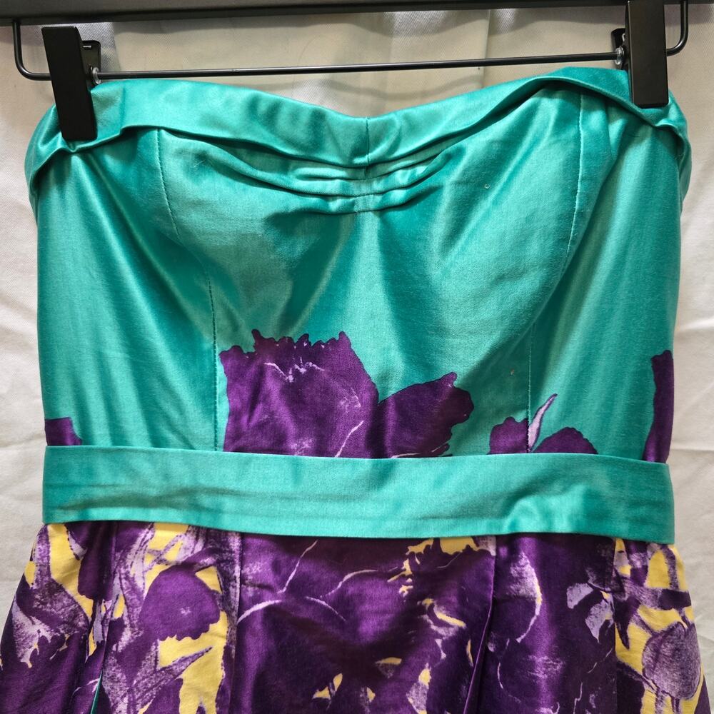 BCBGMaxazria Ultraviolet Strapless Tiered satin mini dress 6 green purple - Picture 3 of 13